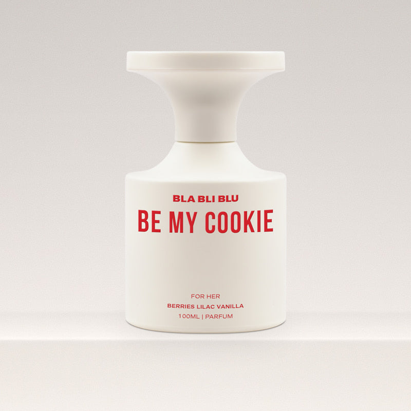 Perfume bottle labeled 'Be My Cookie' by BLA BLI BLU on a white background