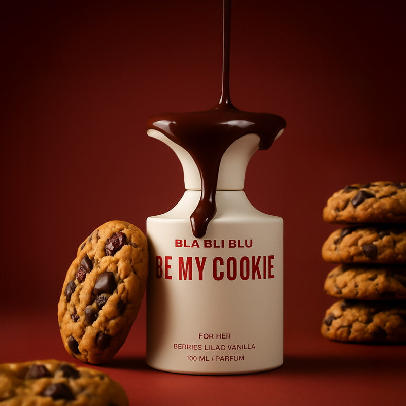 Perfume bottle labeled 'Be My Cookie' with chocolate drizzle and cookies on a red background