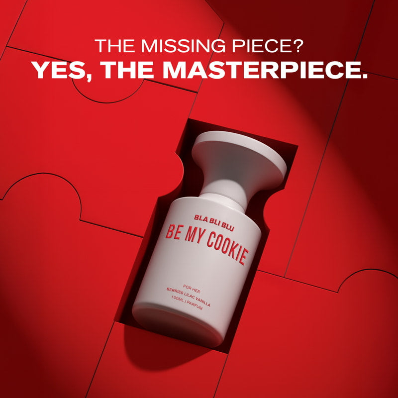 White bottle with red text on a red background with puzzle piece design