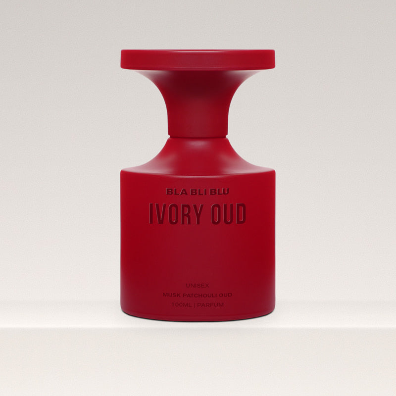 Red Oud perfume bottle labeled 'IVORY OUD' on a white background