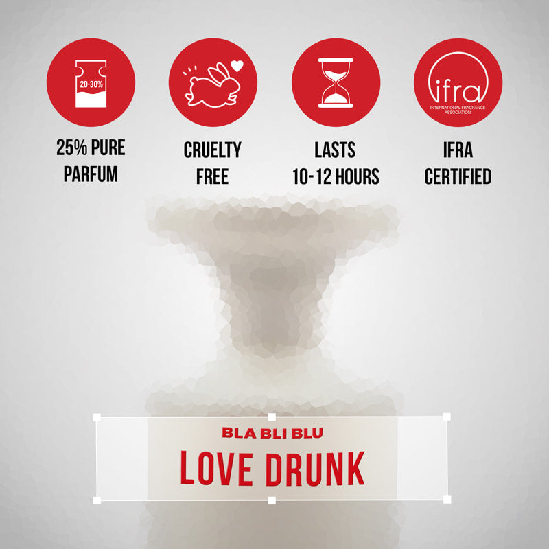 Perfume bottle with 'Love Drunk' branding and certification icons on a gray background