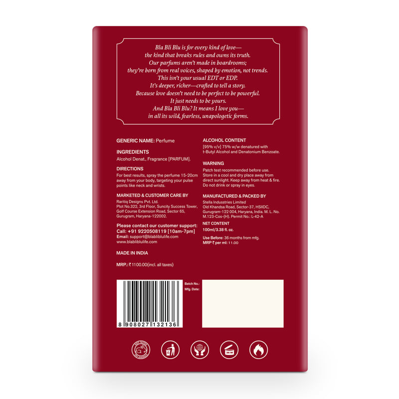 Back of a red perfume packaging with text and barcode on a white background.