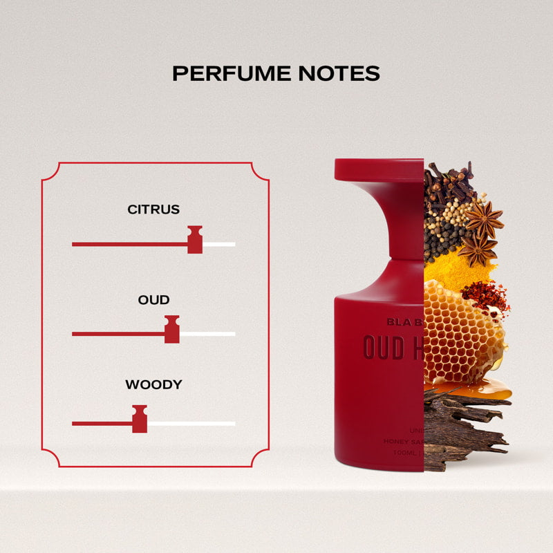 Red perfume bottle with natural elements and a diagram of perfume notes on a light gray background
