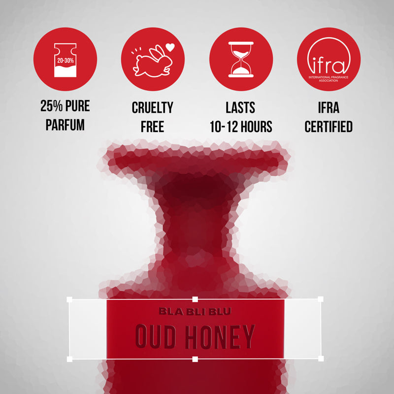 Red perfume bottle labeled 'Oud Honey' with certification icons on a gray background