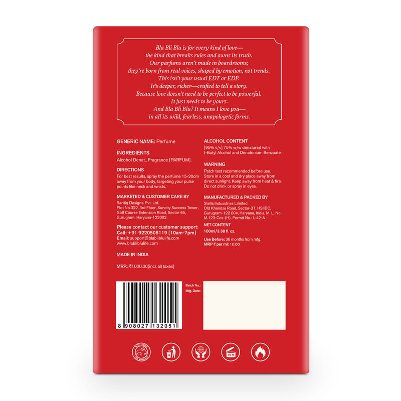 Back of a red perfume packaging with text and product details on a white background