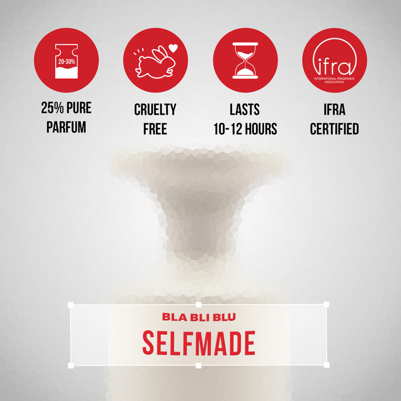 Product packaging with 'BLA BLI BLU' branding and certification icons on a gray background