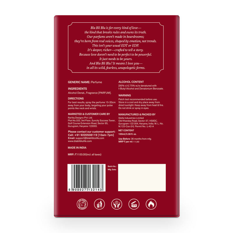 Back view of a red perfume packaging with text and barcode on a white background
