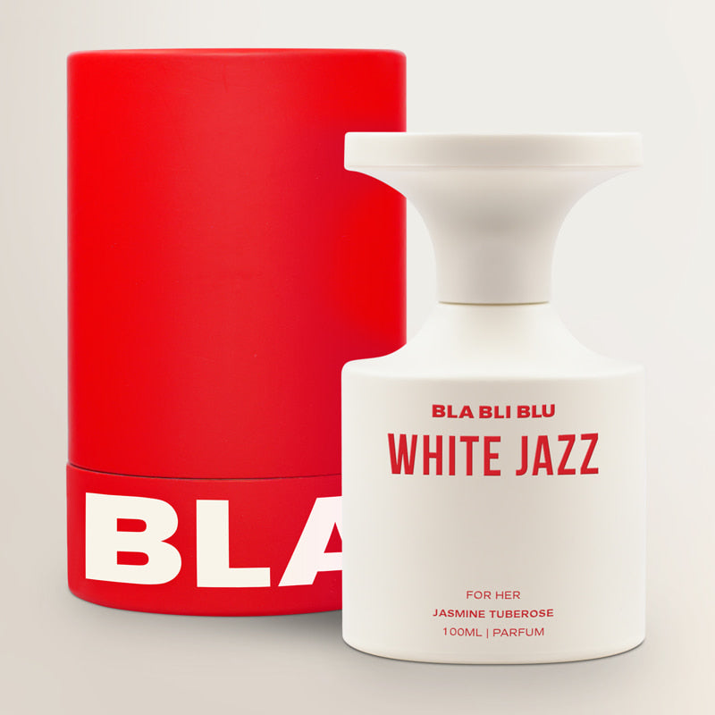 White BLA BLU perfume bottle with red text on a light gray background