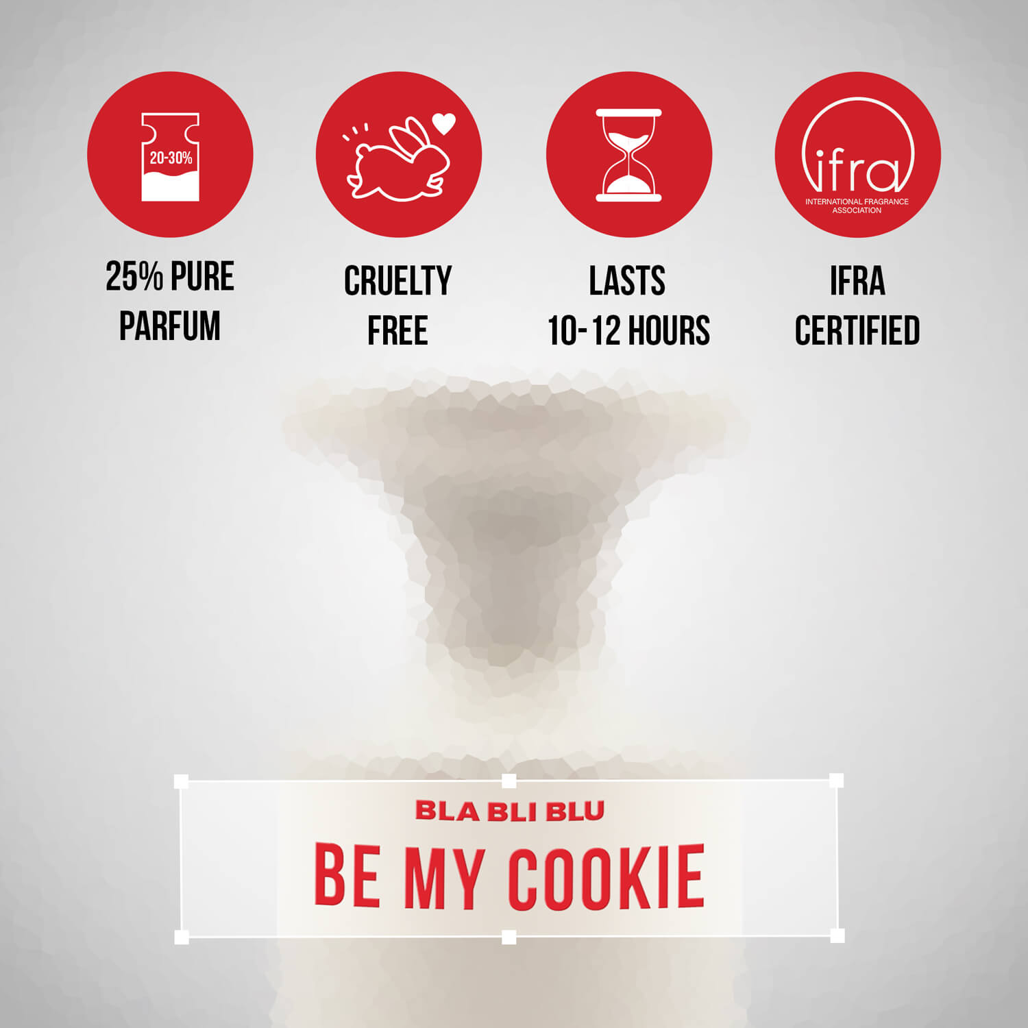 Product packaging with features like '25% Pure Parfum', 'Cruelty Free', 'IFRA Certified' on a gray background.