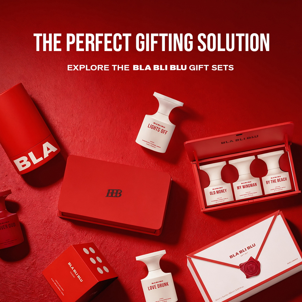 BLA BLU gift sets on a red background with promotional text.