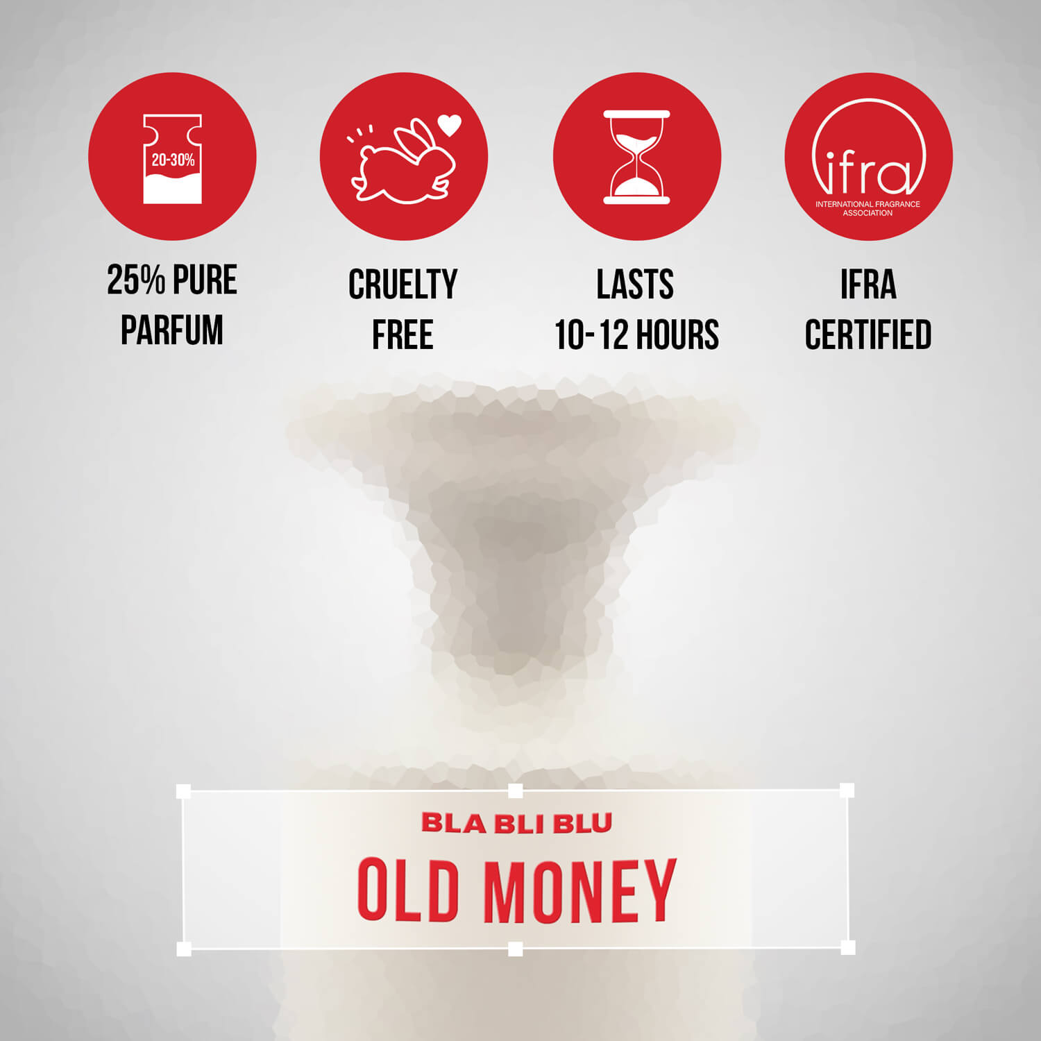 Product packaging with 'Old Money perfume' branding and certification icons on a gray background