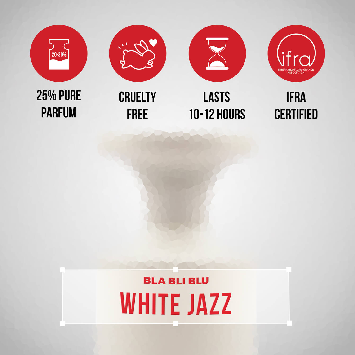 Product packaging of BLA BLI BLU White Jazz with certification icons on a gray background